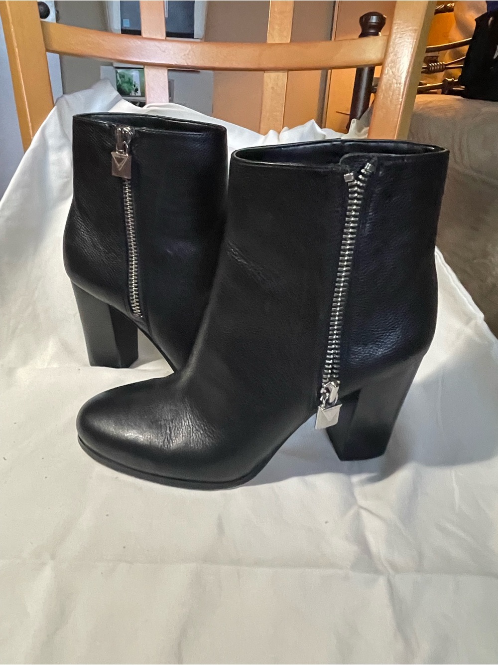 Michael Kors Women's Black Leather Ankle Boots with Silver Side Zipper